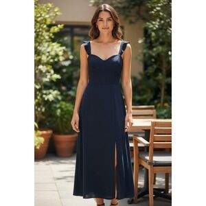 MUADRESS Maxi Dress Womens Navy Blue Flutter Sleeve Sweetheart Neck M